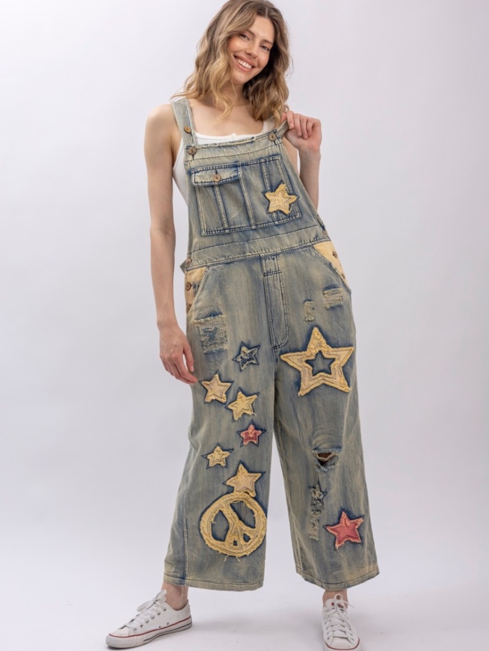 Bluevelvet Star Peace Patchwork Wide Leg Cropped Denim Jean Overalls - Picture 7 of 11